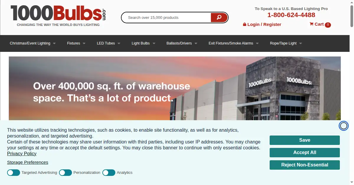 A picture of the homepage of 1000bulbs.com