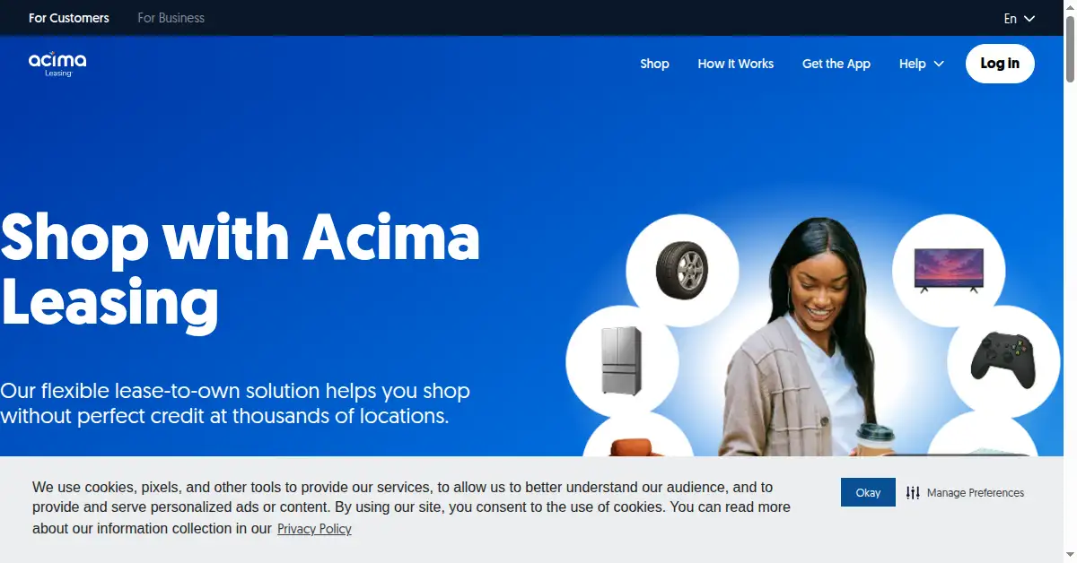 A picture of the homepage of acima.com