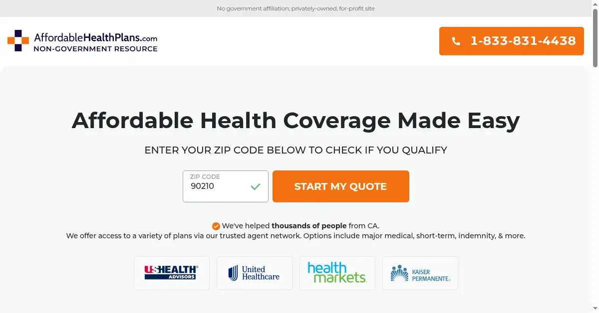 A picture of the homepage of affordablehealthplans.com