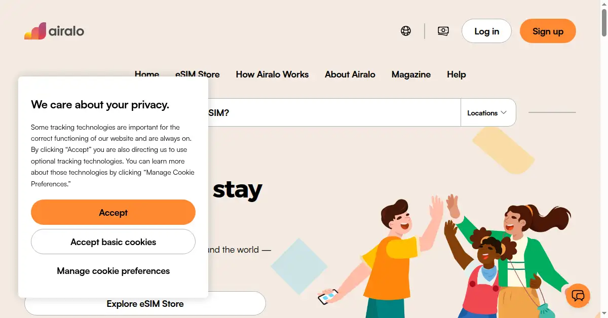 A picture of the homepage of airalo.com