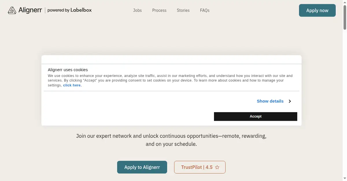 A picture of the homepage of alignerr.com