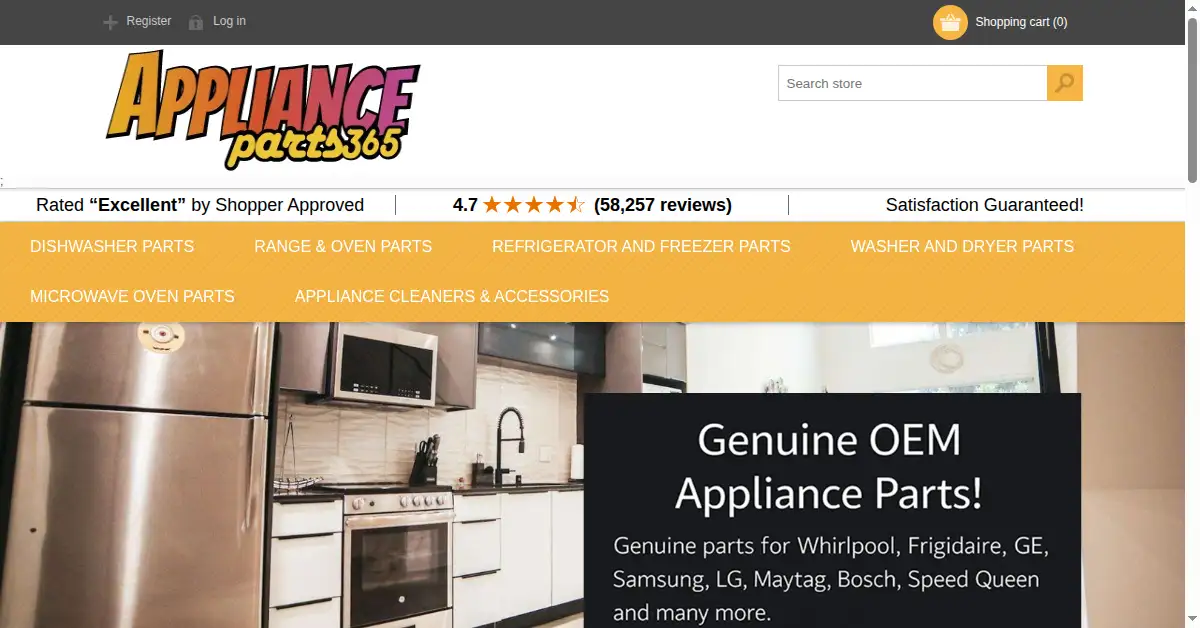A picture of the homepage of applianceparts365.com