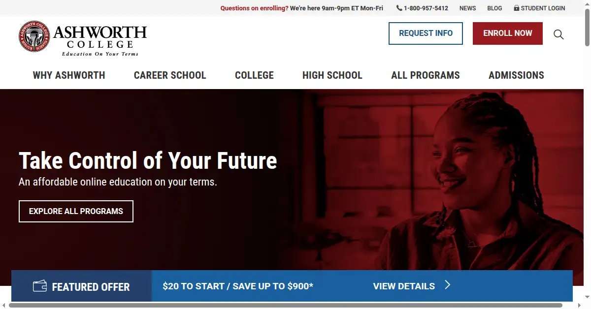 A picture of the homepage of ashworthcollege.edu