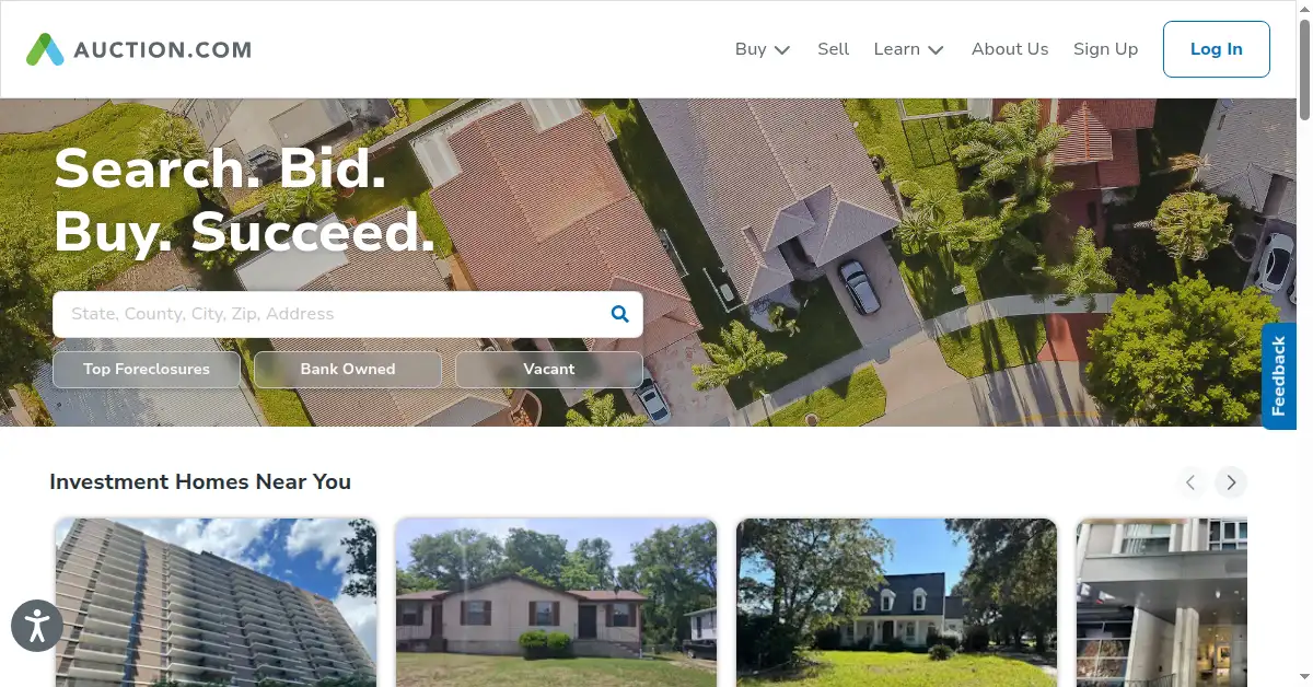 A picture of the homepage of auction.com