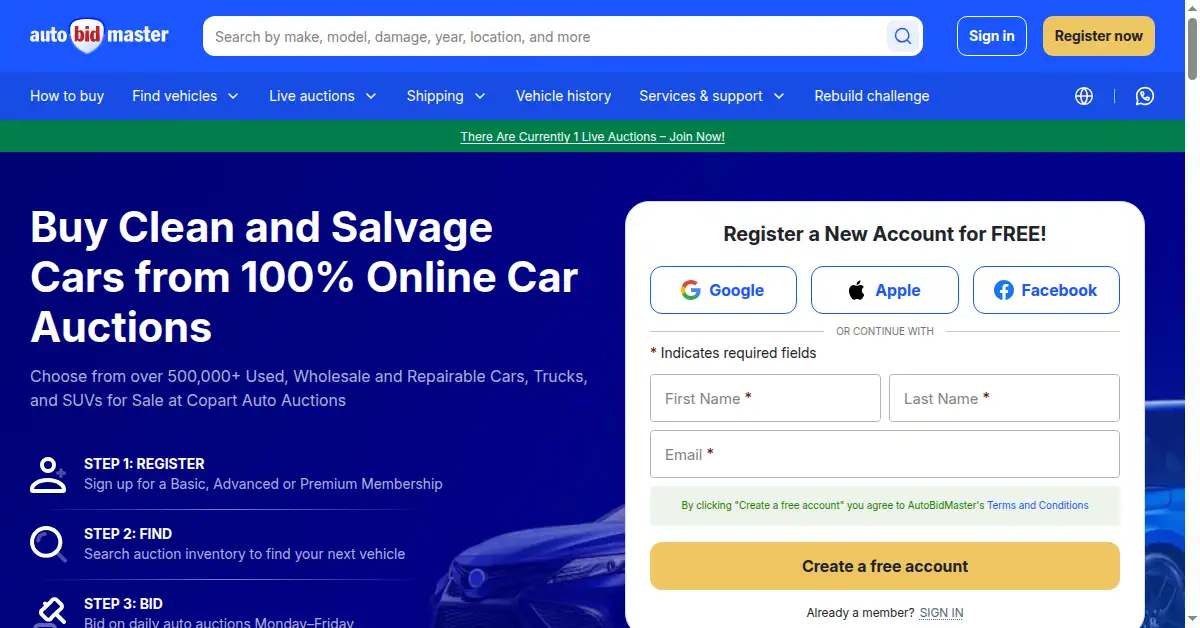 A picture of the homepage of autobidmaster.com