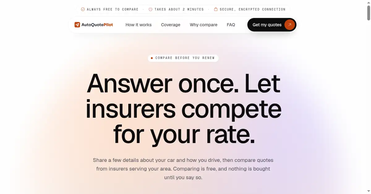 A picture of the homepage of autoquotepilot.com