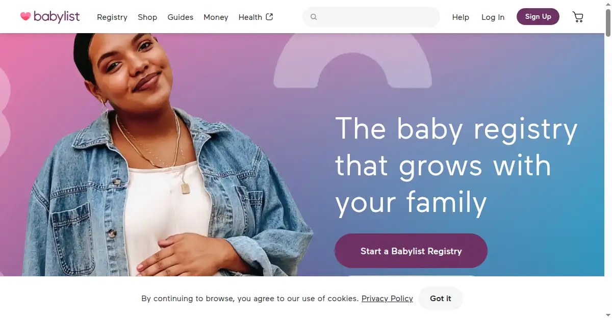 A picture of the homepage of babylist.com
