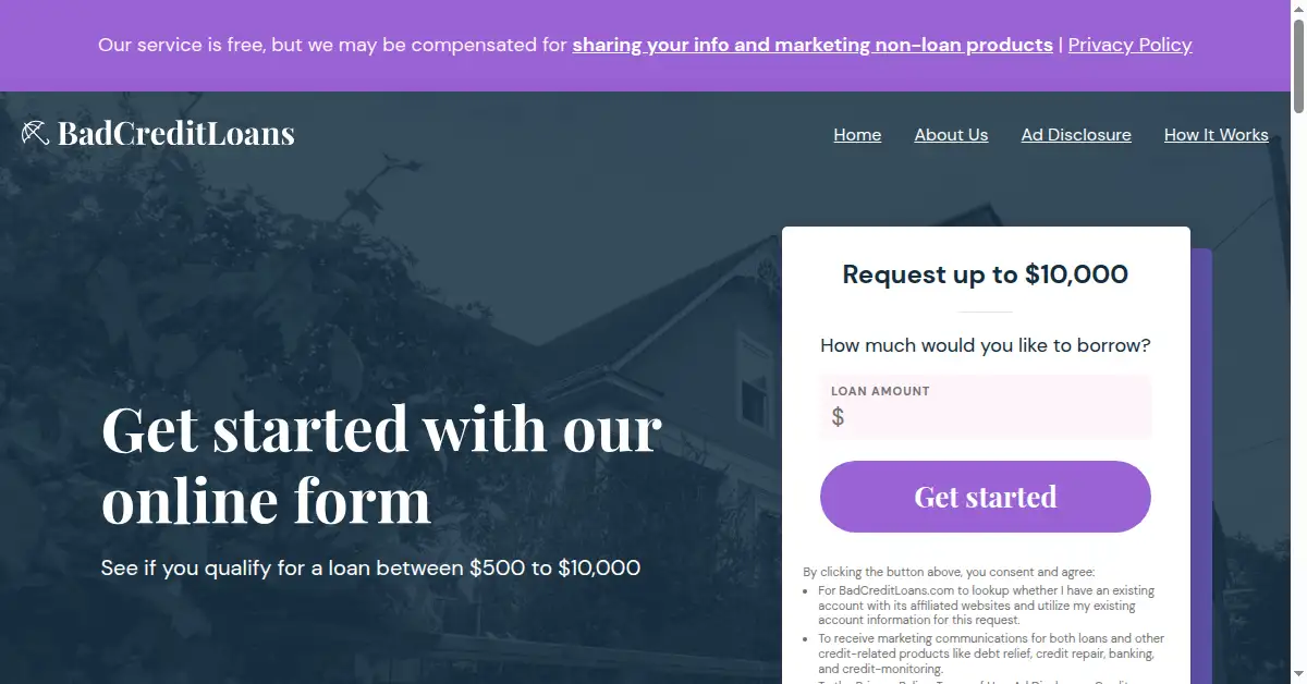 A picture of the homepage of badcreditloans.com