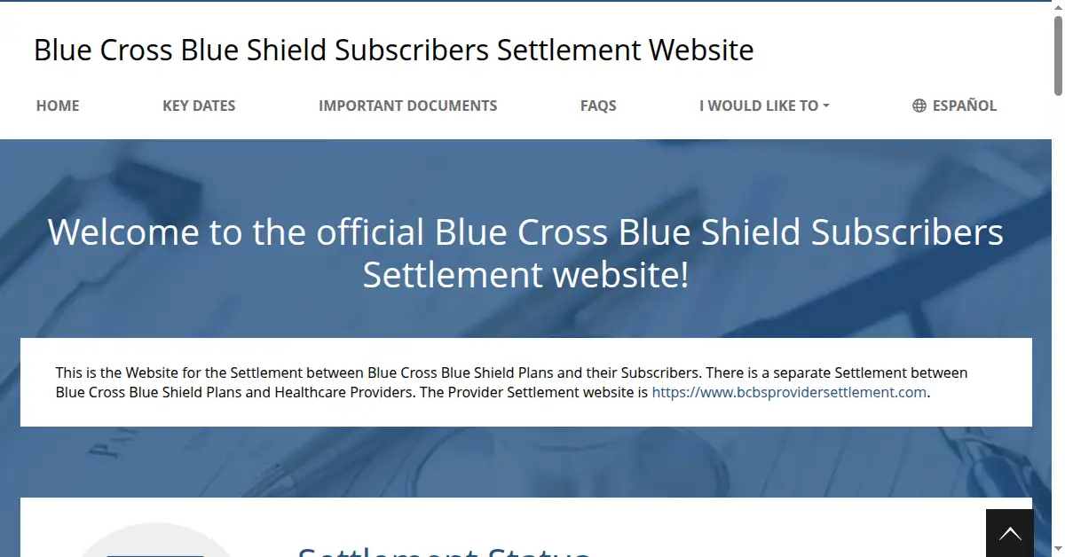 A picture of the homepage of bcbssettlement.com