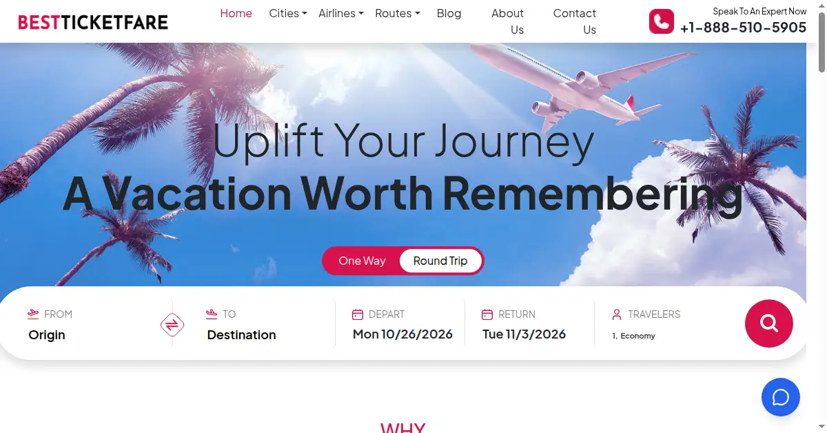 A picture of the homepage of bestticketfare.com