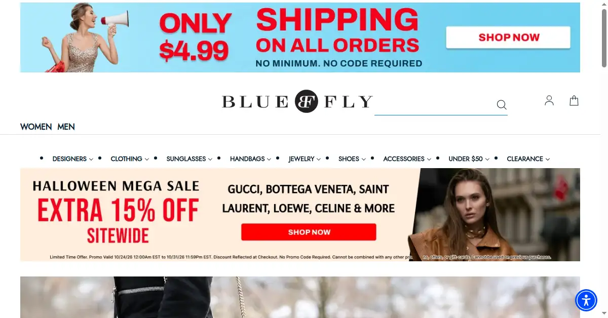 A picture of the homepage of bluefly.com