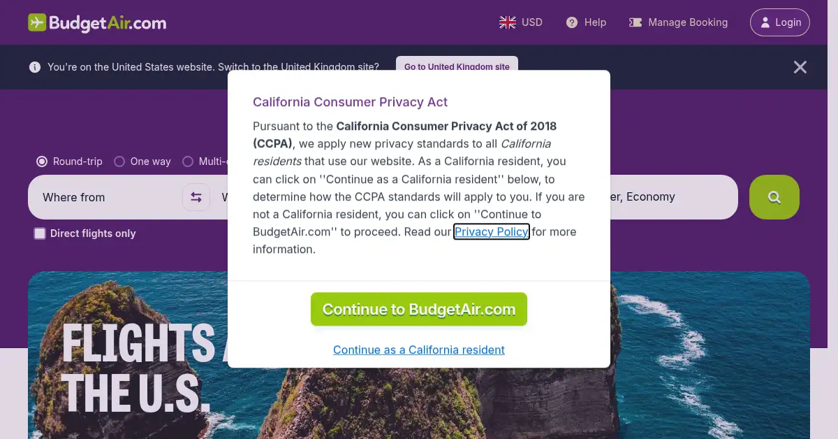 A picture of the homepage of budgetair.com