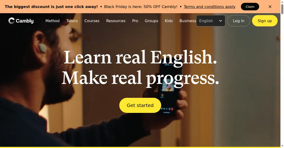 A picture of the homepage of cambly.com