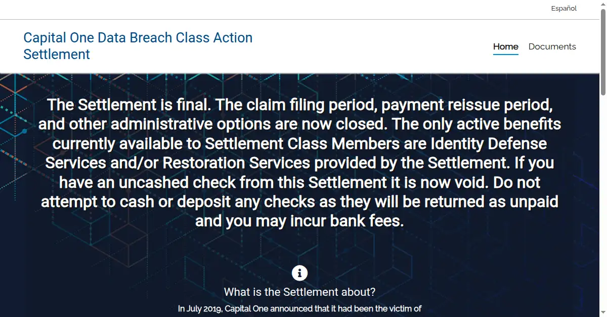 A picture of the homepage of capitalonesettlement.com