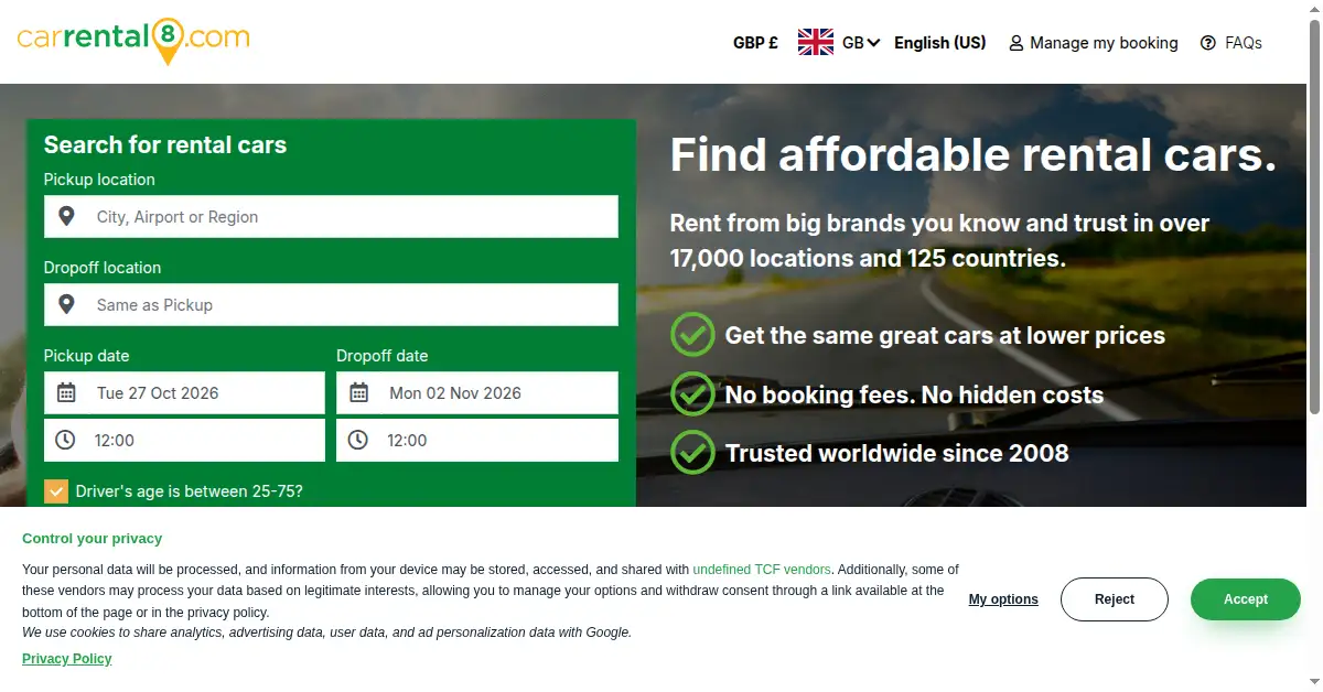 A picture of the homepage of carrental8.com