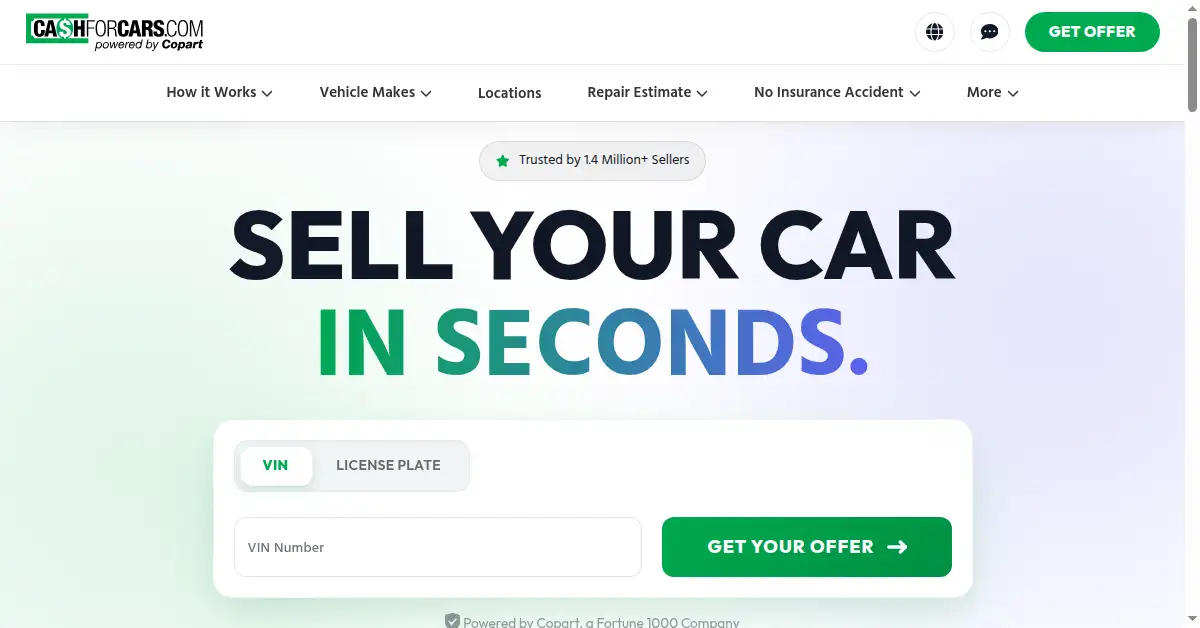 A picture of the homepage of cashforcars.com