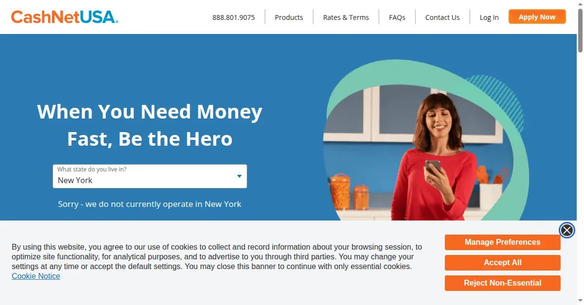 A picture of the homepage of cashnetusa.com