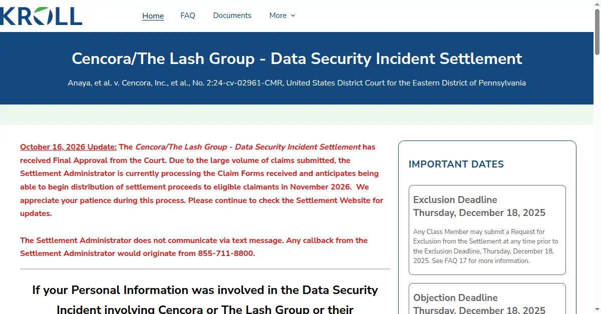 A picture of the homepage of cencoraincidentsettlement.com