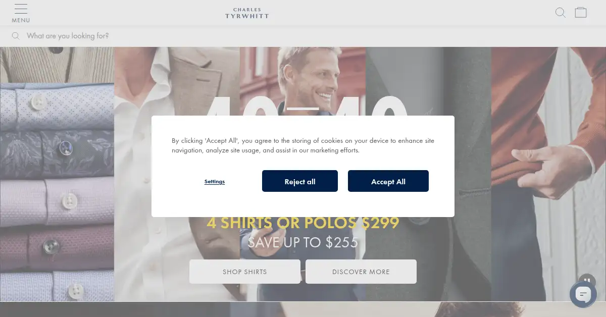 A picture of the homepage of charlestyrwhitt.com