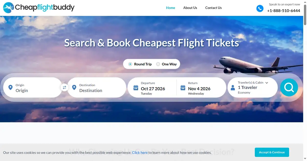 A picture of the homepage of cheapflightbuddy.com