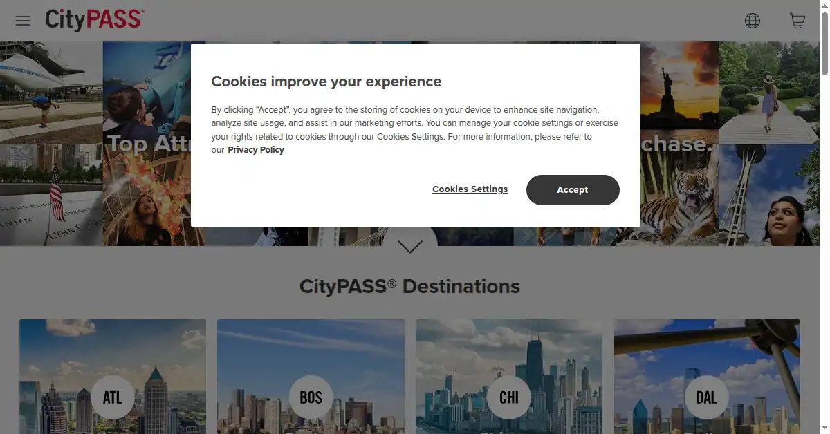 A picture of the homepage of citypass.com