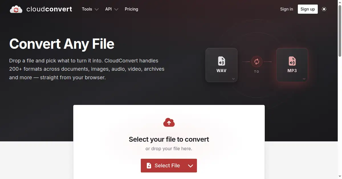 A picture of the homepage of cloudconvert.com