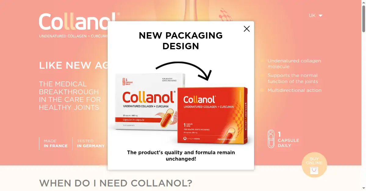 A picture of the homepage of collanol.com