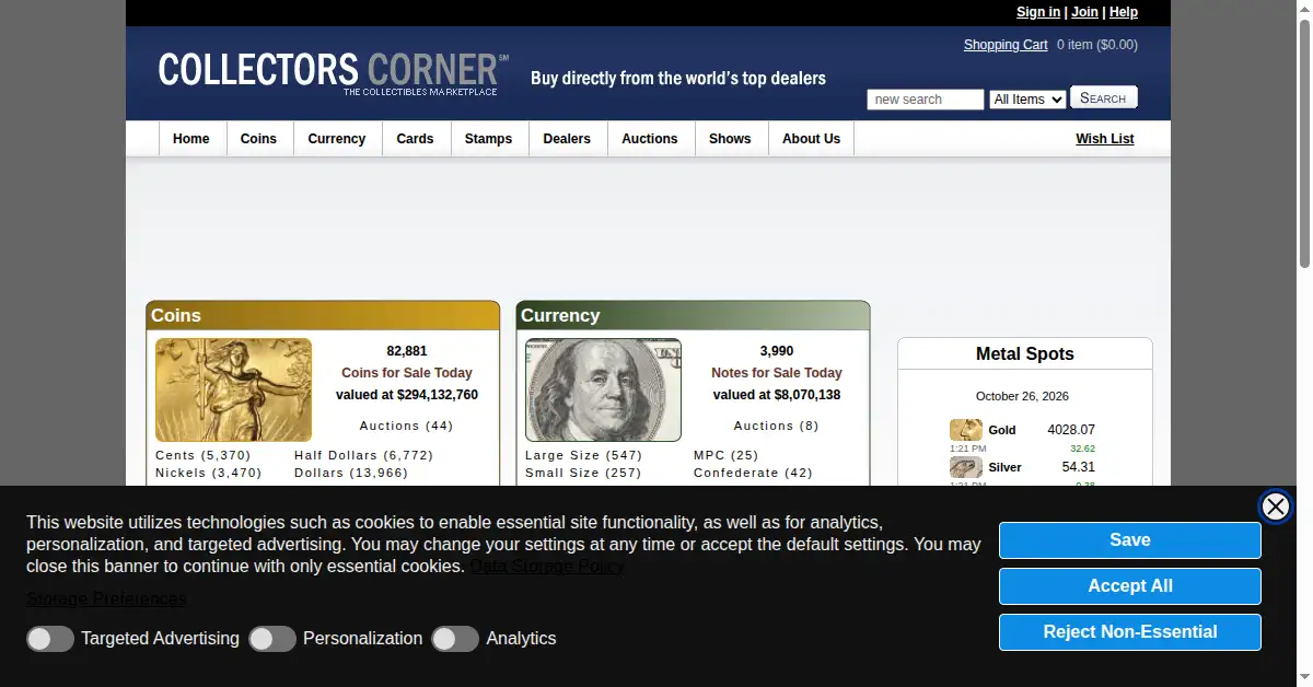 A picture of the homepage of collectorscorner.com