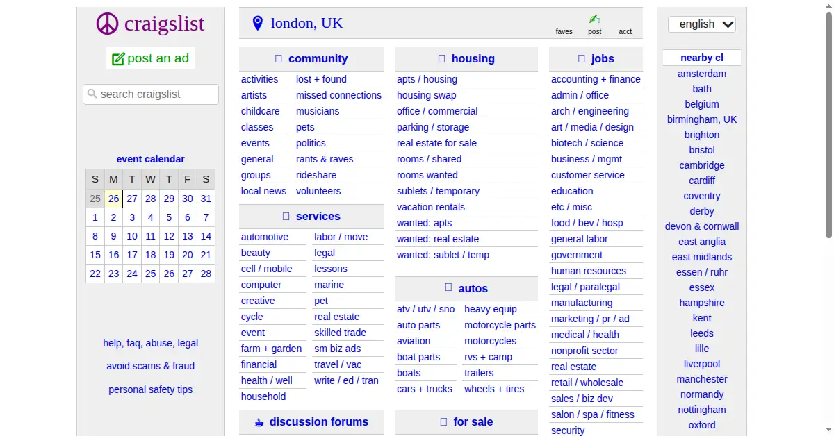 A picture of the homepage of craigslist.org