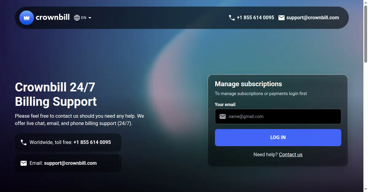 A picture of the homepage of crownbill.com