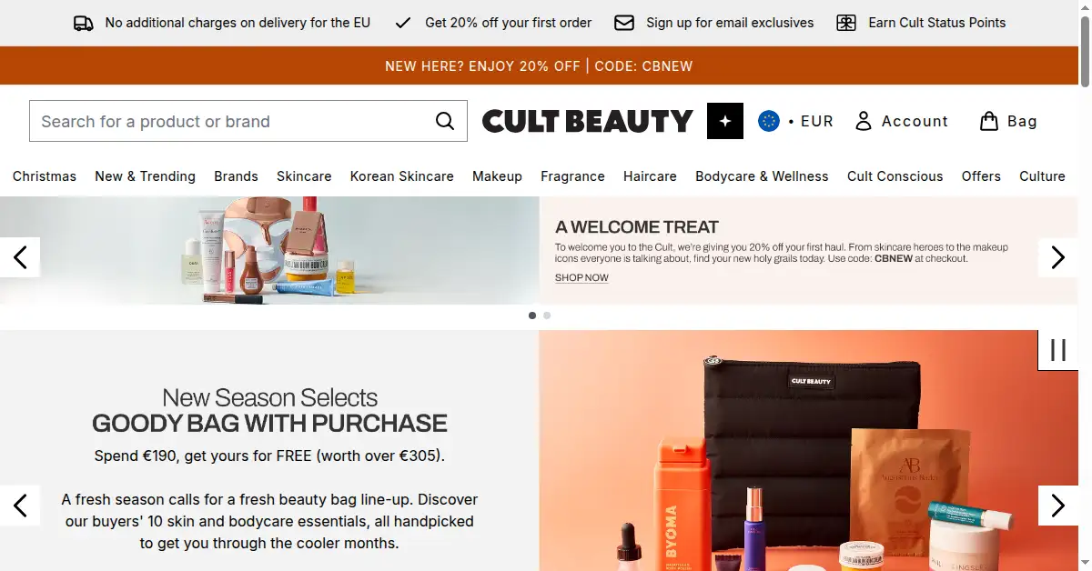 A picture of the homepage of cultbeauty.com