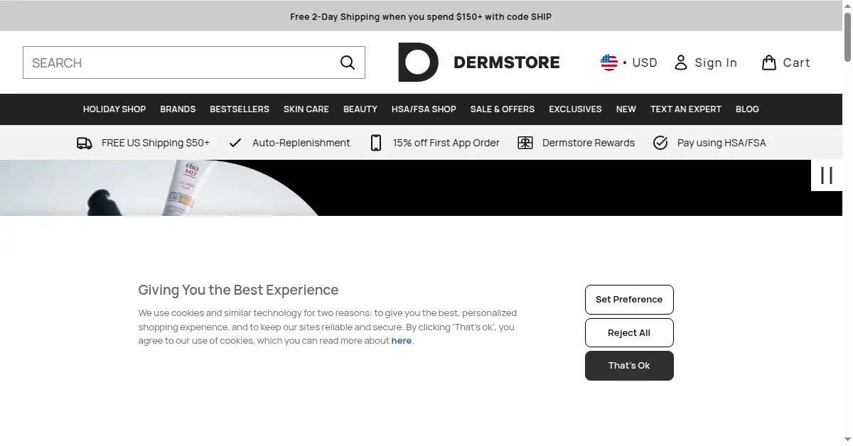 A picture of the homepage of dermstore.com