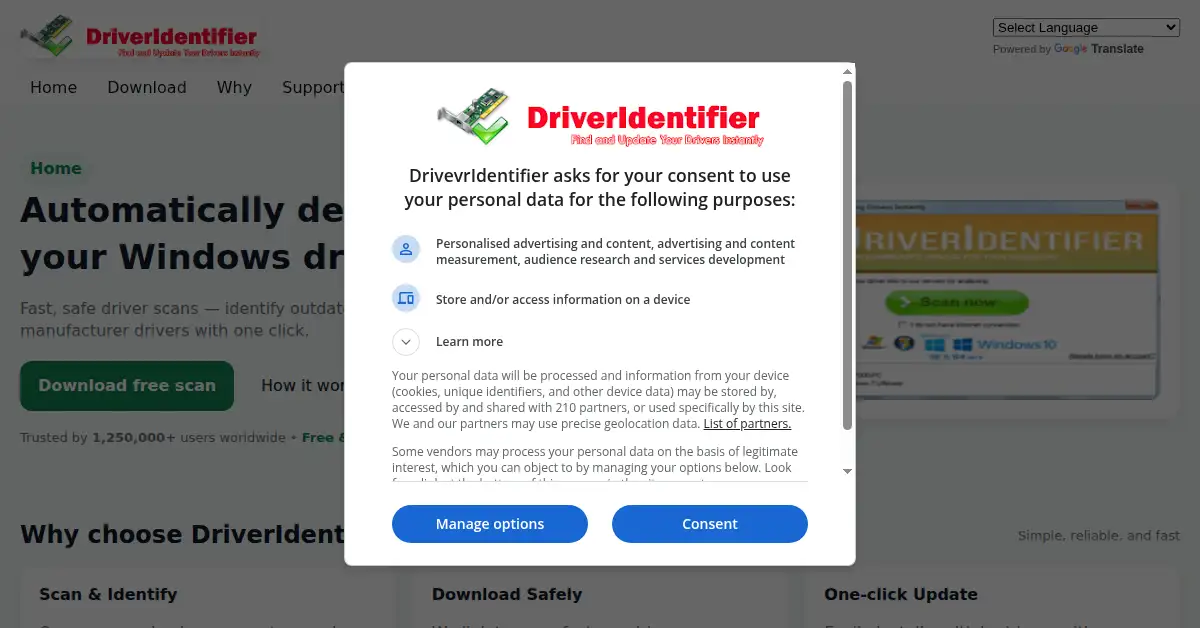 A picture of the homepage of driveridentifier.com