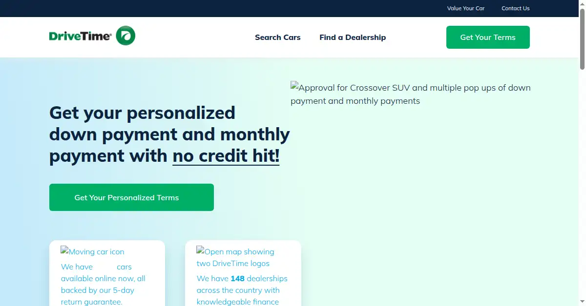 A picture of the homepage of drivetime.com