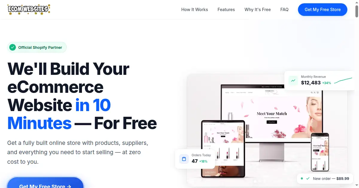 A picture of the homepage of ecomwebsites.com