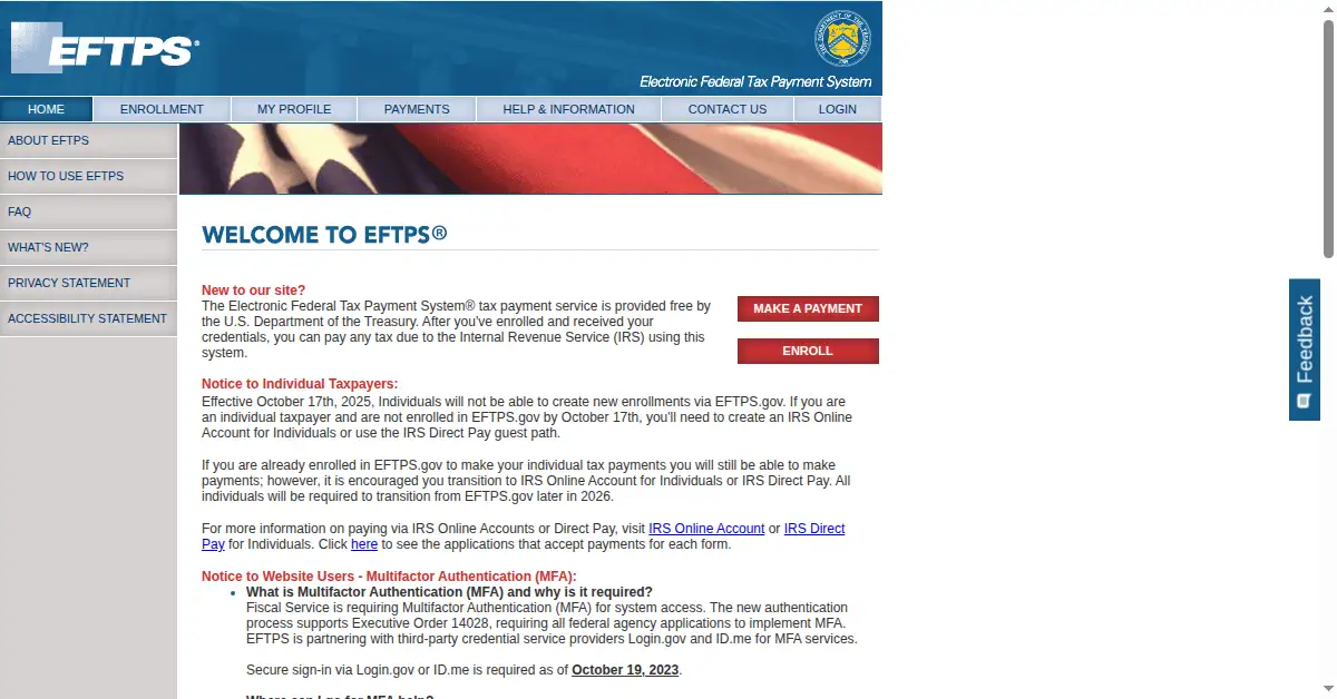 A picture of the homepage of eftps.com