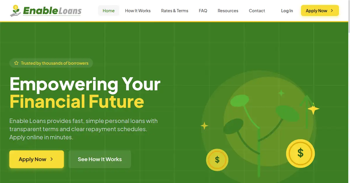 A picture of the homepage of enableloans.com