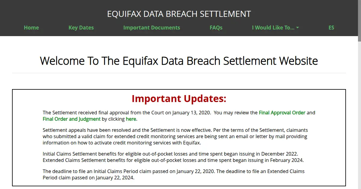 A picture of the homepage of equifaxbreachsettlement.com