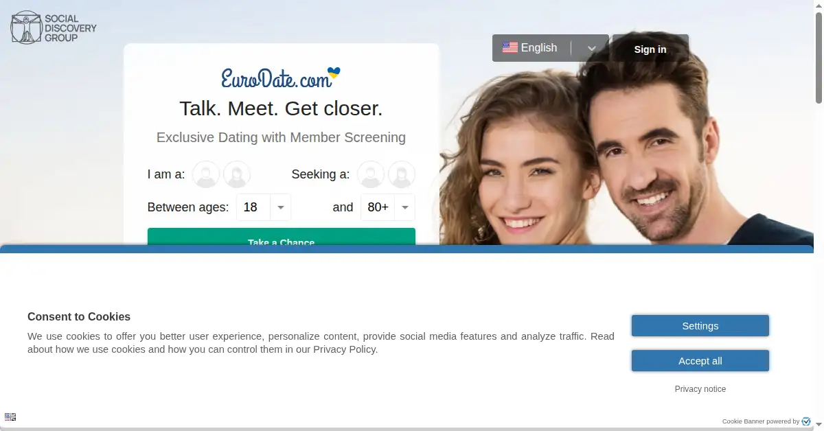A picture of the homepage of eurodate.com