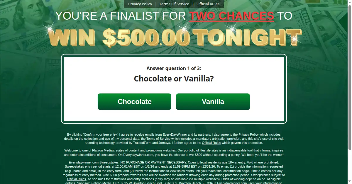 A picture of the homepage of everydaywinner.com