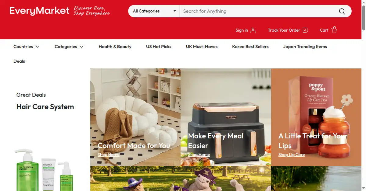 A picture of the homepage of everymarket.com