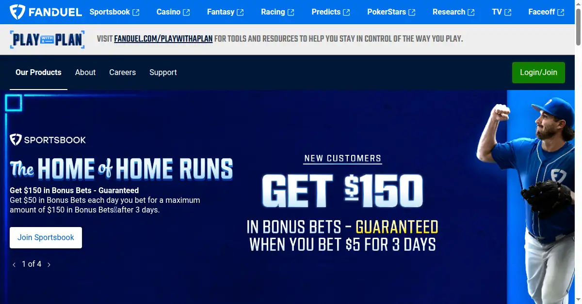 A picture of the homepage of fanduel.com