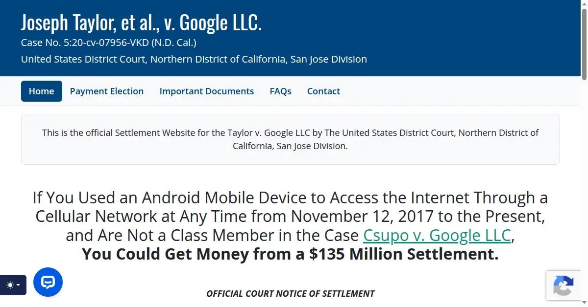 A picture of the homepage of federalcellularclassaction.com