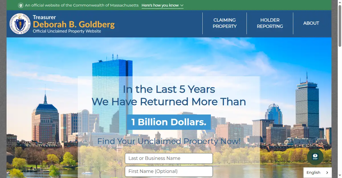 A picture of the homepage of findmassmoney.gov