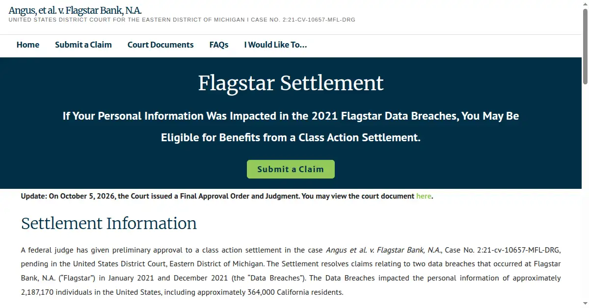 A picture of the homepage of flagstarsettlement.com