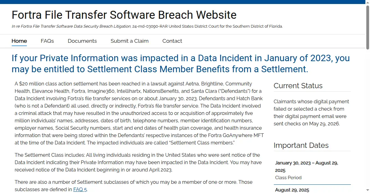 A picture of the homepage of fortradatasettlement.com