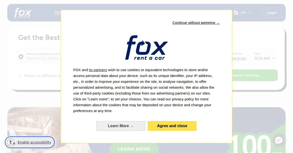 A picture of the homepage of foxrentacar.com