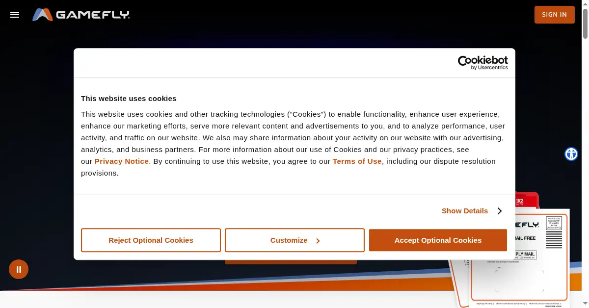 A picture of the homepage of gamefly.com