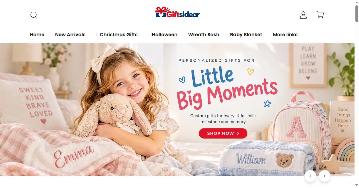 A picture of the homepage of giftsidear.com
