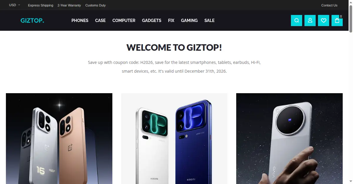 A picture of the homepage of giztop.com